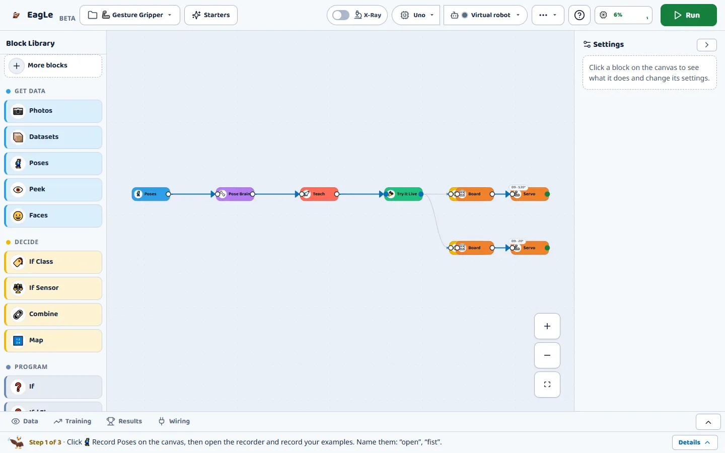 The Maker canvas for Gesture Gripper: Poses, Pose Brain, Teach and Try It Live joined by wires, with two servo lines.