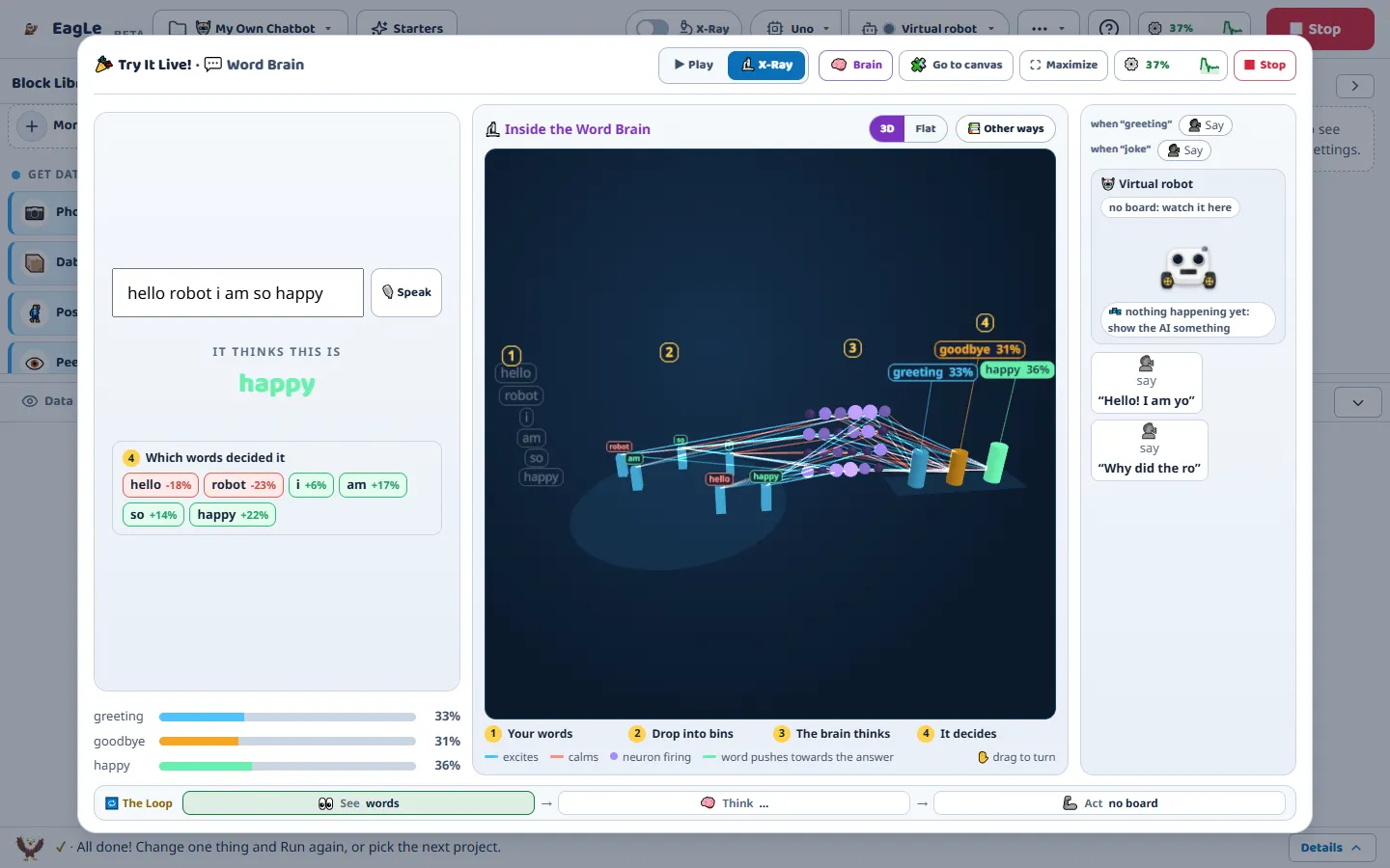 Word Brain X-Ray in Maker, in 3D: the sentence hello robot i am so happy drops into word bins, the neurons light up, and three pillars show greeting 33 percent, goodbye 31 percent and happy 36 percent.