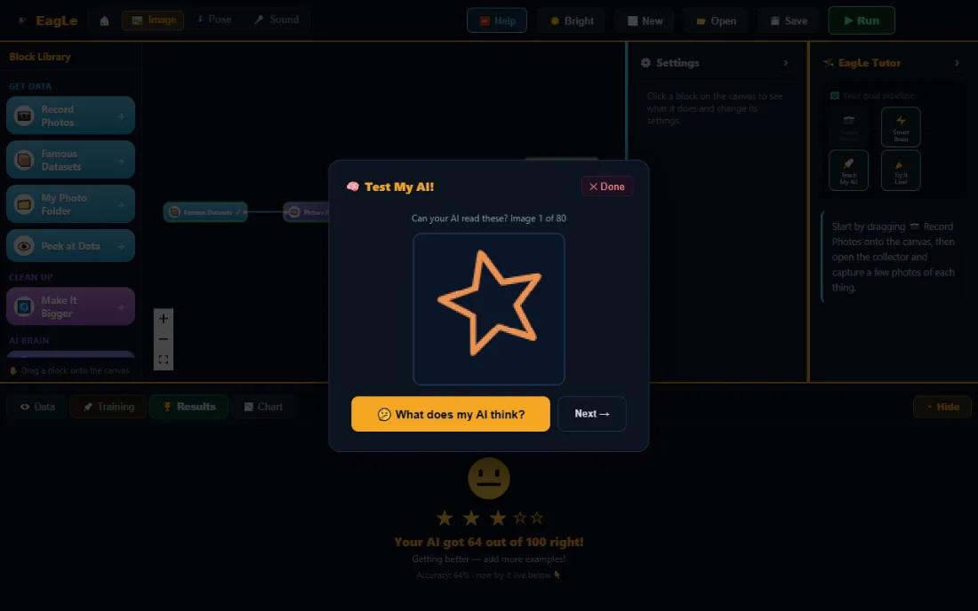 Junior's Test My AI window on picture 1 of 80, a star, above the score: three stars and the words Your AI got 64 out of 100 right.