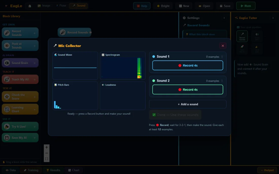 The Mic Collector in Junior: the sound wave, a spectrogram, pitch bars and loudness, beside two sound classes with Record 4 seconds buttons.
